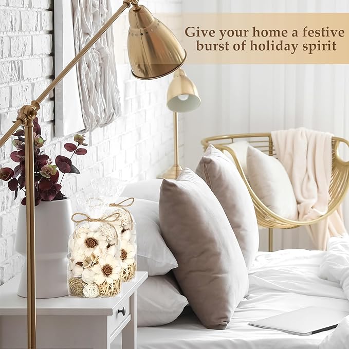 Riceshoot 2 Pack Decorative Balls Potpourri Bowl Filler Decor Natural Vase Bowl Filler Assorted Spherical Rattan Twigs Wicker Balls Cotton for Home Centerpiece(White)