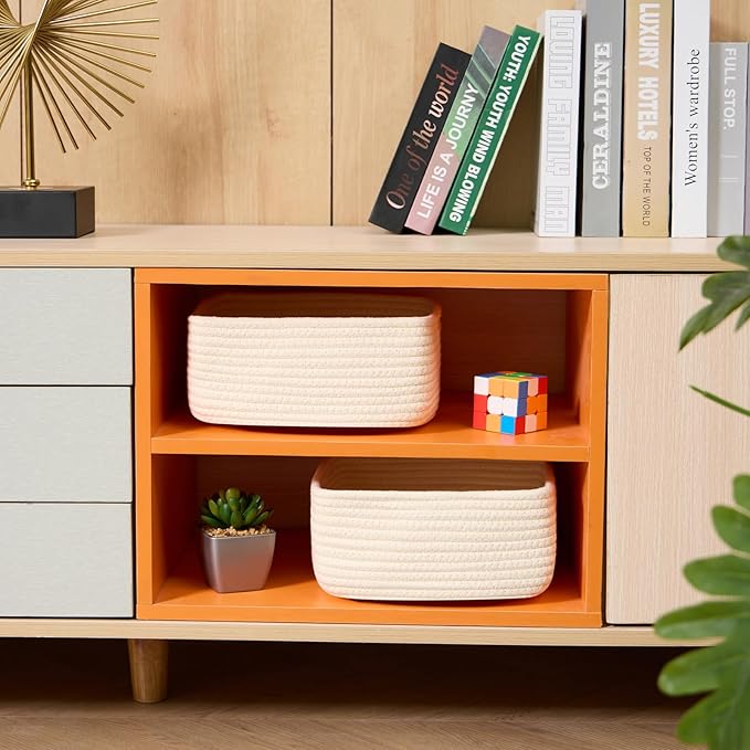 Small Square Shallow Baskets for Organizing, 9.7x9.7x4.3 Inch Rope Woven Storage Bins for Cubes Closet, Shelves Storage, Boho Decorative Basket, 2 Packs Beige