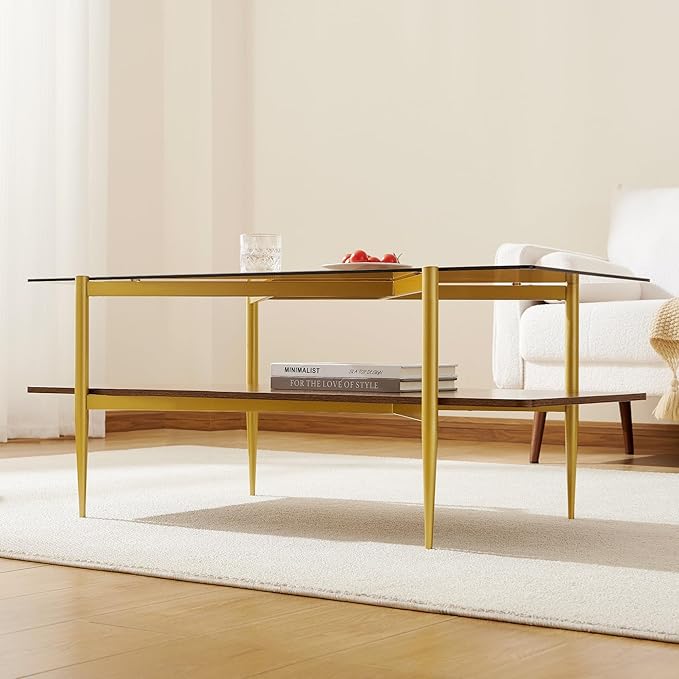 Rectangle Coffee Table, Mid-Century Modern Design, L41*W21*H17 inch, for Living Room, Amber Glass Top and Walnut Finish Wood Shelf, Conical Metal Legs with Gold Finish