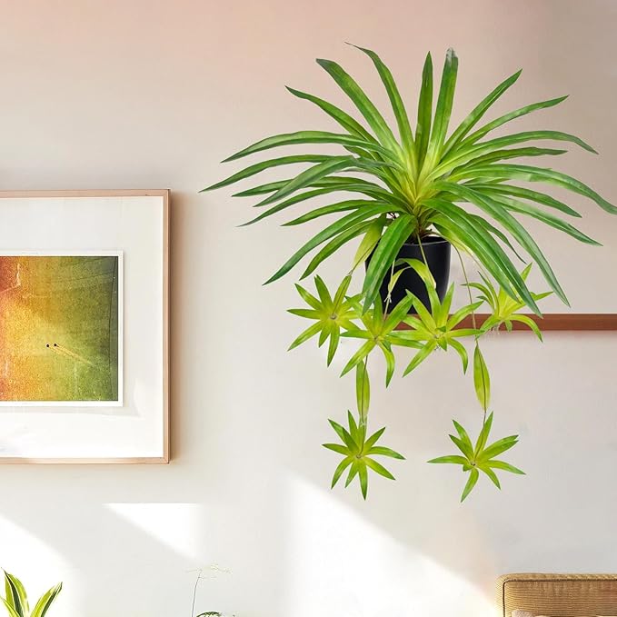 Fake Hanging Plant, Faux Spider Plant in Pot Artificial Grass Plants Faux Chlorophytum Comosum Potted Plants for Home Office Table Shelf Desk Kitchen Bathroom Bedroom Decor Green