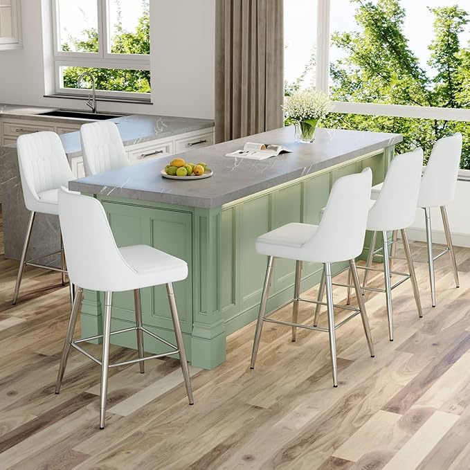 White Bar Stools Set of 6,27" Counter Height Bar Stools Set of 6,Faux Leather Counter Stools with Soft Padded Seat & Curved Backrest,Modern Kitchen Island Chairs for Dining Café