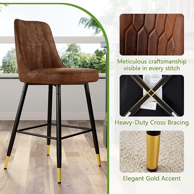 Brown Bar Stools Set of 2,27" Counter Height Bar Stools Set of 2,Faux Leather Counter Stools with Soft Padded Seat & Curved Backrest,Modern Kitchen Island Chairs for Dining Café