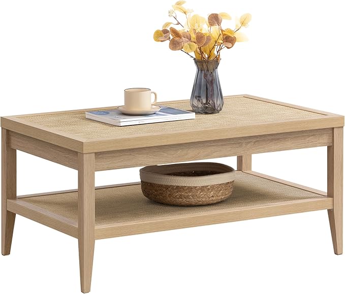 SICOTAS Rattan Coffee Table for Living Room - Boho Rectangular Dining Center Table with 2 -Tiers Rattan Storage Shelf, Farmhouse Accent Table for Living Room, Home Office, Light Oak