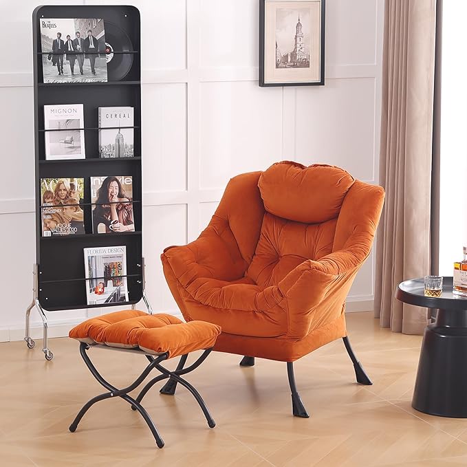 LITA Lazy Chair with Ottoman, Modern Lounge Accent Chair with Armrests and a Side Pocket, Leisure Upholstered Sofa Chair Set, Reading Chair with Footrest for Small Space, Corner Chair,Orange