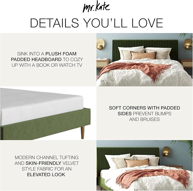 Mr. Kate Daphne Upholstered Bed with Vertical Channel Tufted Headboard, Full, Olive Green Velvet