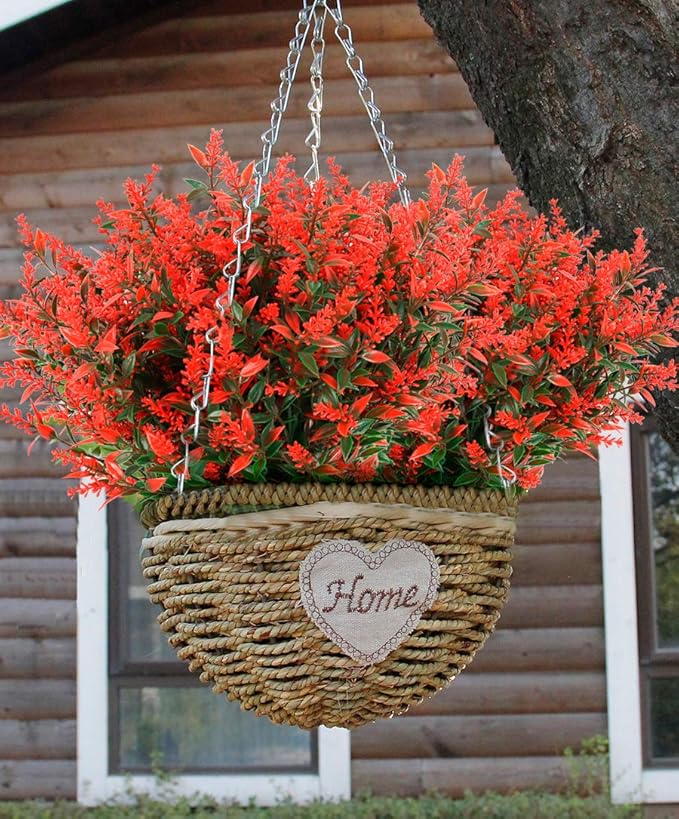 RECUTMS Artificial Lavender Flowers Plants 8 Bundles UV Resistant Faux Outdoor Plastic Greenery Shrubs Plants Hanging Planter Kitchen Home Wedding Office Garden Decor (Orange Red)