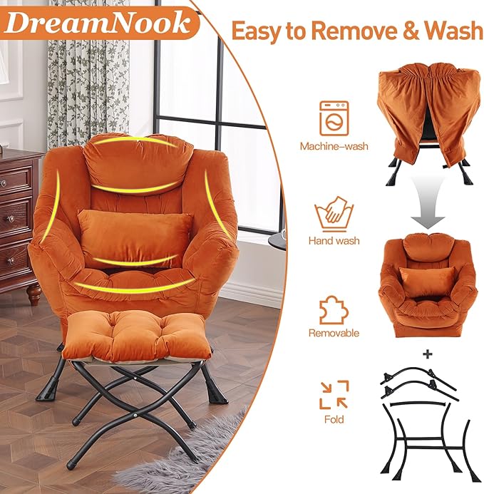 Lazy Chair with Ottoman, Modern Accent Chair with Lumbar Pillow, Comfy Chairs with Folding Footrest for Bedroom, Reading, Oversized Supportive Lounge Chairs(Velvet Orange)