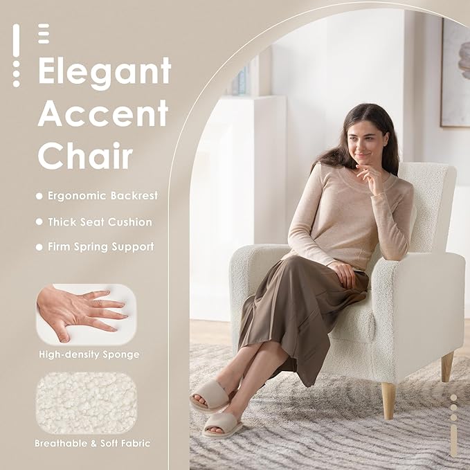 COLAMY Sherpa Upholstered Accent Chair Armchair with Pillow, Fabric Reading Living Room Side Chair,Single Sofa with Lounge Seat and Wood Legs, Cream