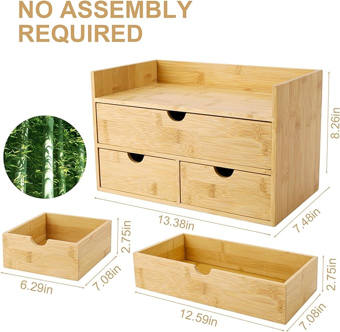 Bamboo Desk Organizer With Drawers Countertop Drawers 3 Drawers Counter Storage Box Corner Desk Organizer for Home Office No Assembly Required