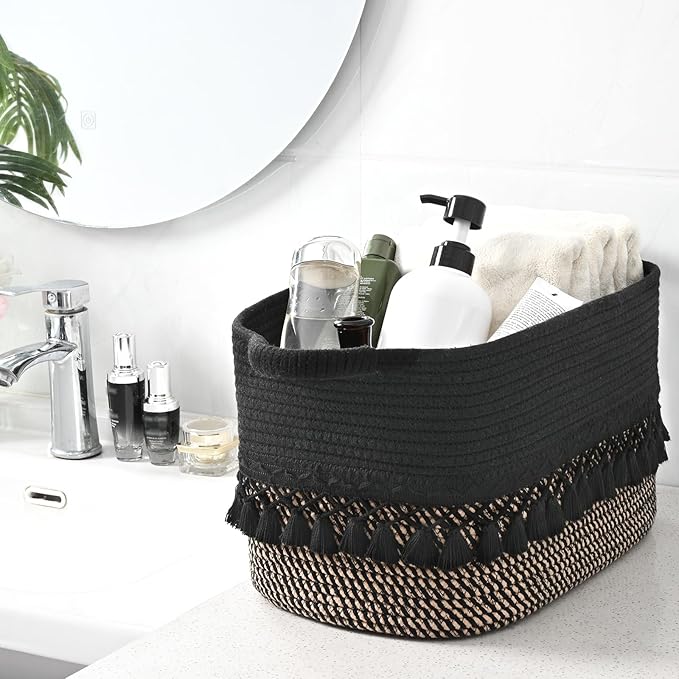 6 Pack Storage Basket for Shelves, Boho Cotton Rope Storage Bins with Heavy Tassel, Shelf Baskets Large Woven Baskets for Organizing, Cube Organizer Bins, Baby Laundry Basket for Clothes, Toys, Pets