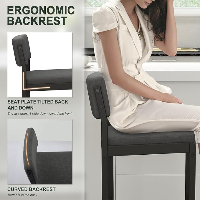 Mid Century Modern Counter Height Bar Stools Set of 3, 26" Bar Height Chairs with Backs, Upholstered Counter Stools, Metal Barstools for Kitchen Island (Darkgray- Fabric, 26" H - Set of 3)