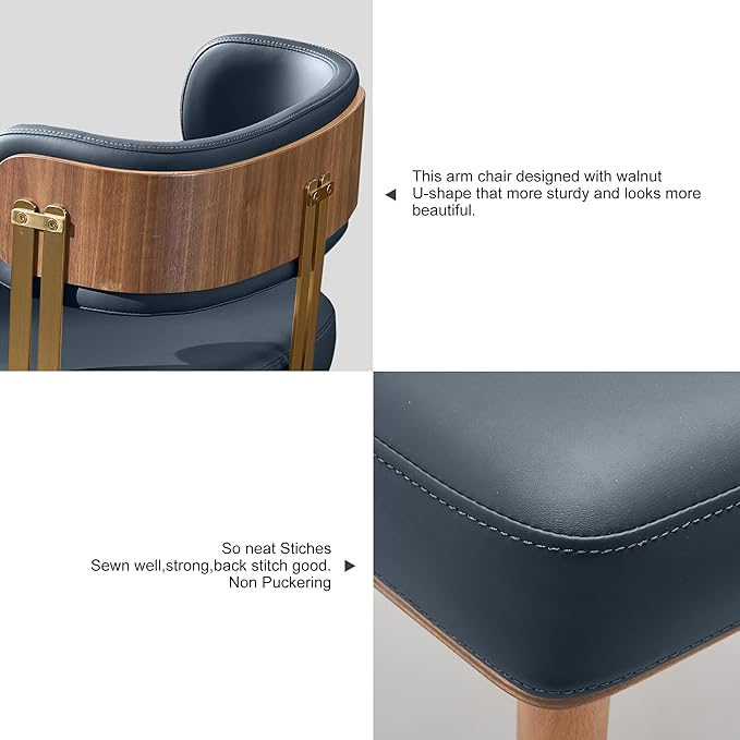 Modern Mid-Century Upholstered Leather Dining Chairs with High-Resilience Foam, Walnut Wood Veneer&Gold Metal Legs,Dining Chairs with Anti-Slip Pads,Navy Blue