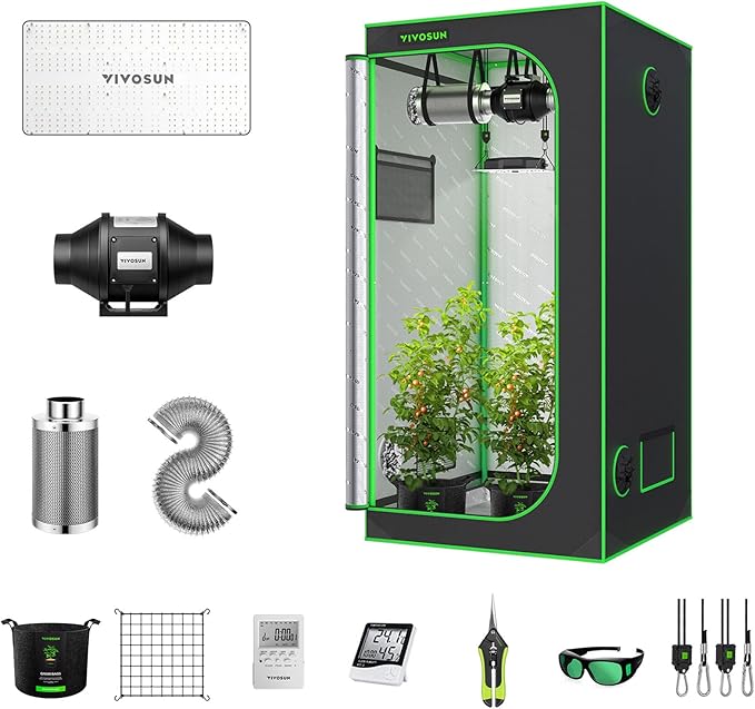 VIVOSUN GIY 3x3 Grow Tent Complete System, 3x3 ft. Grow Tent Kit Complete with 4-inch Inline Fan Package, VS2000 LED Grow Light, Temperature Humidity Monitor, Netting, Grow Bags, Pruning Shear & Timer
