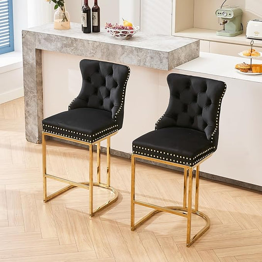 UVV Counter Height Bar Stools Set of 2, 26" Modern Barstools with Back, Velvet Upholstery Counter Chairs with Metal Legs for Kitchen Island, Bar, Counter, Black