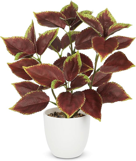 Artificial Plants Indoor 14.2" Small Fake Perilla Plant in Pot Potted Plants Artificial Decor Faux House Plant with White Pot for Farmhouse Home Office Bathroom Living Room Table Shelf Decor