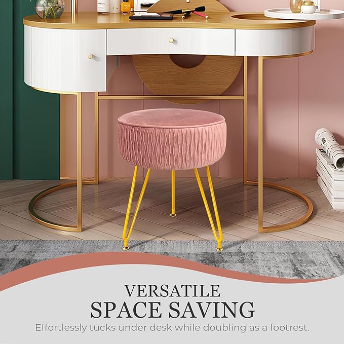 Velvet Vanity Stool Footrests, Round Ottoman Vanity Chairs with Anti-Slip Feet, Dressing Table Seat Foot Stool with Black Legs, Furry Padded Seat Side Table for Makeup Bedroom(Pink, Golden)