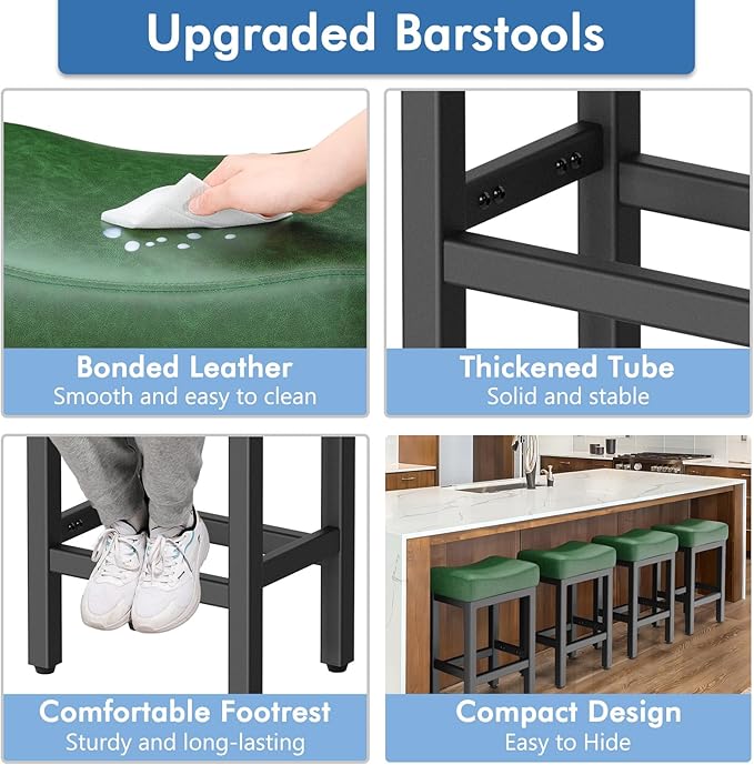 Counter Height Bar Stools Set of 3, 24 Inch Barstools for Kitchen Island Counter, Faux Leather Kitchen Stools with Saddle Seats & Metal Base, Easy Assembly, Forest Green