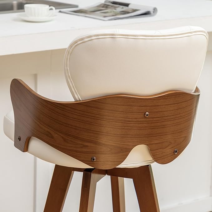 26.7” Swivel Bar Stools Set of 2,White Faux Leather Counter Height Stools with Armrest and Fishtail-Shaped Back,Mid Century Modern Barstools,Walnut Bar Chair for Kitchen Island or Home Bar