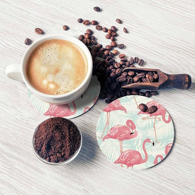 Flamingo Bird and Tropical Palm Anti Slip Coasters Elegant Tropical Pink Animal Romantic Cups Place Mats for Table Home Decor 4 Inches Living Room Kitchen Coffee Table,2 Pcs