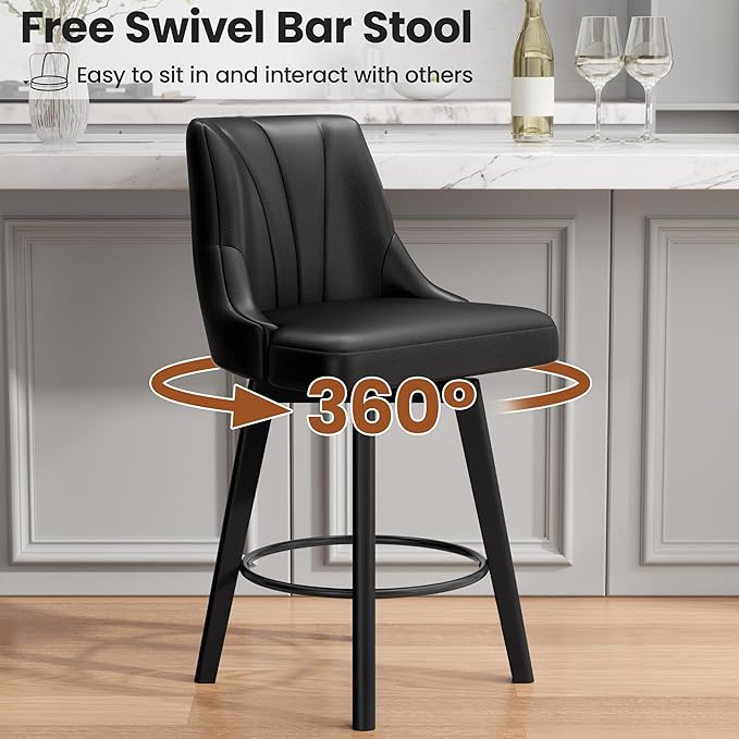 Counter Height Swivel Bar Stool, 24" Upholstered PU Leather Barstools Set of 4, Counter Stool Chair with Back & Solid Wood Legs for Kitchen Island Dining Room (Black)