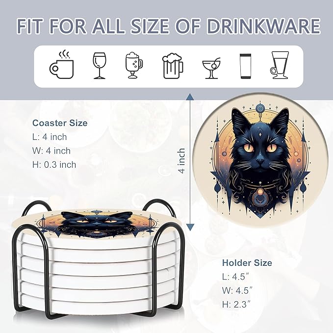 Drink Coasters Set of 6 with Holder, Black Cat Absorbent Ceramic Coasters with Cork Base,Fit All Cups,Great Gift for Housewarming,Room Decor,Bar,Holiday Party