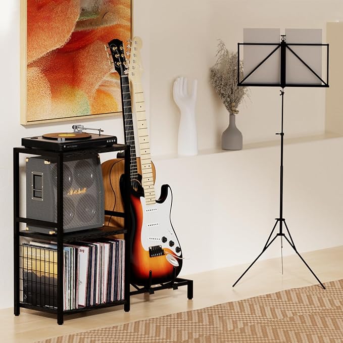 End Table with Guitar Stand,Record Player Stand,Vinyl Records Storage,2-Tier Guitar Stand for Acoustic, Electric Guitar,Bass,Turntable Stand Side Table for Music Room Studio Living Room-Black