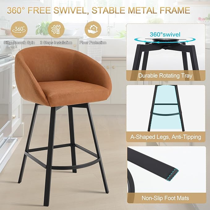 Zesthouse Swivel Counter Height Stools Set of 2, Modern Bar Stools for Kitchen Island, 26" Upholstered Kitchen Counter Height Barstools with Barrel Arms & Backs, Brown Faux Leather Bar Chairs