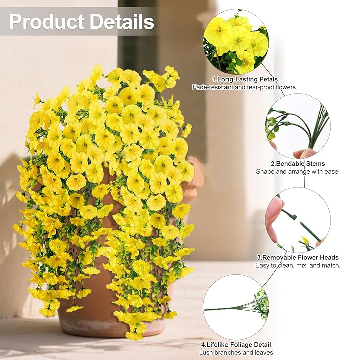 Artificial Flowers for Outdoors Decoration, 4Pcs Fake Hanging Flowers Morning Glory UV & Fading Resistant, Artificial Faux Plants Deocr for Home Porch Patio Balcony Planter Yard Garden Farmhouse