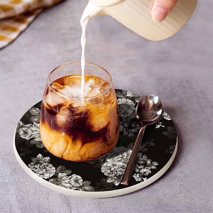 Watercolor Black Flowers Cup Coasters Set of 2 Elegance Botanical Flower Pattern Grey Rose Bouquet Wooden Table Apartment Decor 100% Diatomite for Drinking Glasses,4 Inches