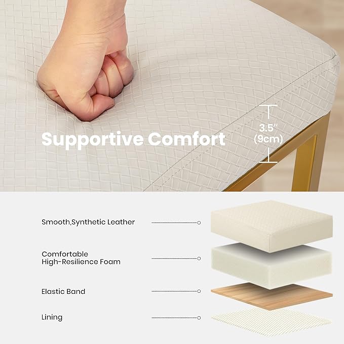 PHI VILLA Bar Stools Set of 3 - Counter Height Bar Stool Leather Stools for Kitchen Counter, White and Gold Bar Stools with Back