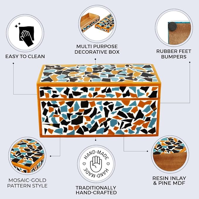 Handicrafts Home Handmade Mosaic Collection Decorative Jewelry Box Organizer – Keepsakes, Trinkets, and Home Decor – Antique Coffee Table Storage, Memory Box, Farmhouse Style Decor Gold, 10x5x5