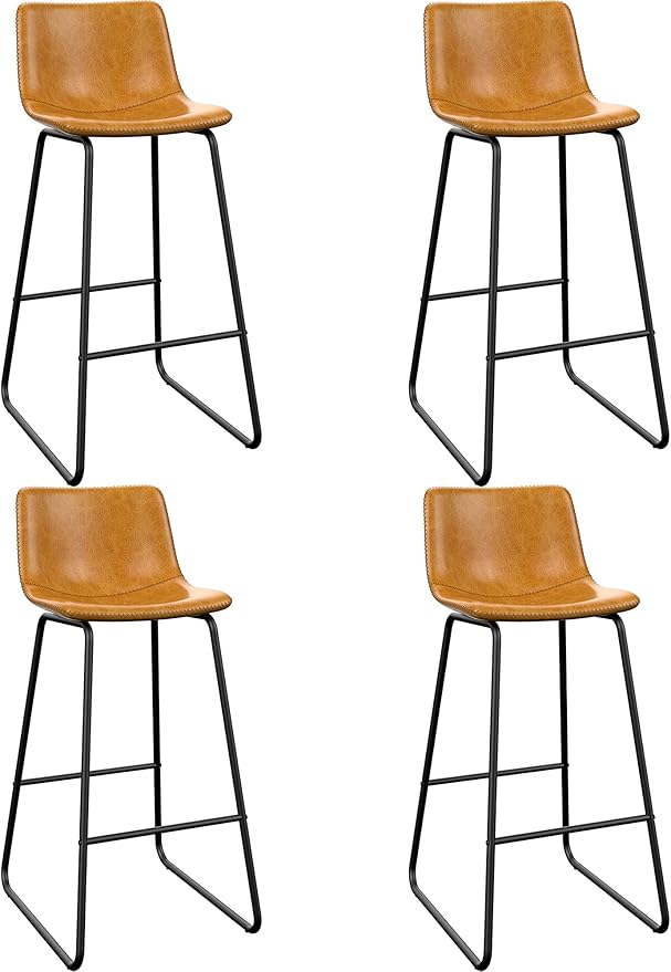 Bar Stools Set of 4, 30 Inches Counter Height Bar Stools with Back, Modern Faux Leather Barstools with Metal Legs and Footrest, Bar Chairs for Kitchens Island (Whiskey Brown)