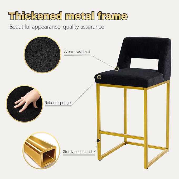 Black and Gold Counter Height Bar Stools Set of 6 for Kitchen Counter Modern Bar Chairs with Backs for Kitchen Island with Upholstered Fabric Seat and Metal Frame, 26 Inch