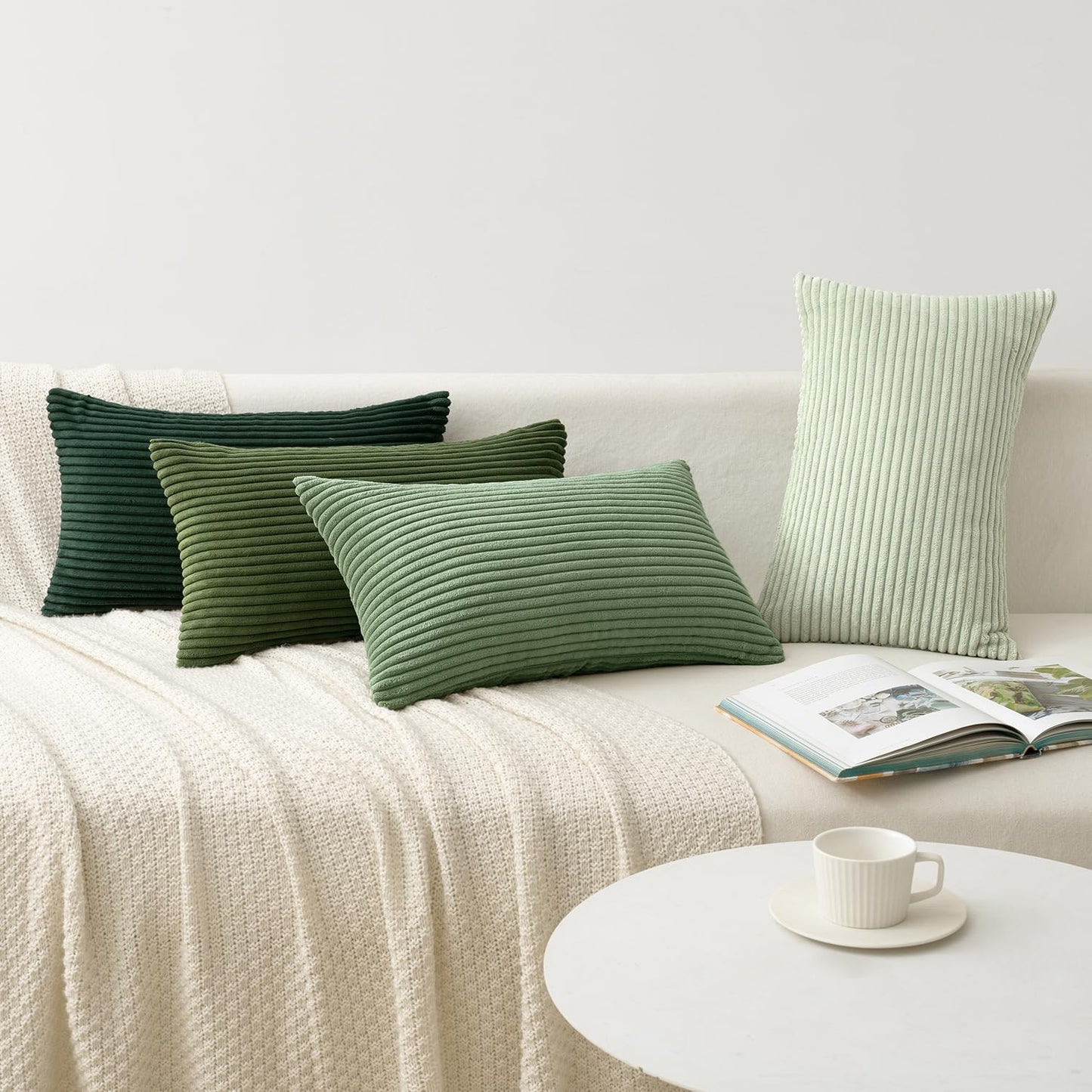 MIULEE Boho Farmhouse Sage Green Throw Pillow Covers 12x20 Inch Set of 4 Mordern Nordic Cushion Covers Soft Corduroy Christmas Home Decor for Couch Bed Sofa Living Room Forest Green