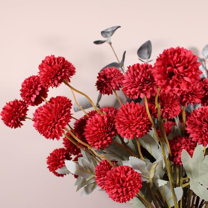 RyddeligHome Burgundy Flowers Artificial 10 Long Stems + Eucalyptus, Thanksgiving Centerpieces for Tables, Wine Colored Silk Flowers for Burgundy Decor, Fall Table Centerpieces, Dark Red Faux Mums