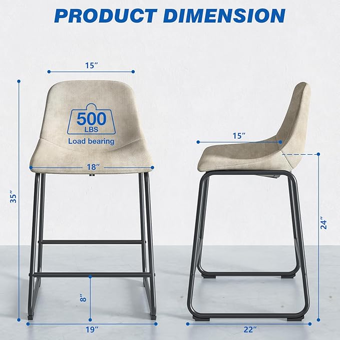 Rfiver Pu Faux Leather Bar Stools Set of 3, Industrial Pub Barstools with Back and Footrest, Modern Armless Bar Height Stool Chairs (Beige, 24" Counter Chair x3)