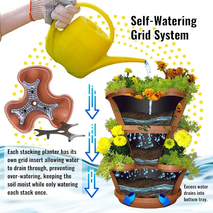 3 Tier Stacking Planter-Flower, Herb, Stackable Garden, Vegetable-Self-Watering-Indoor/Outdoor (Tuscany)