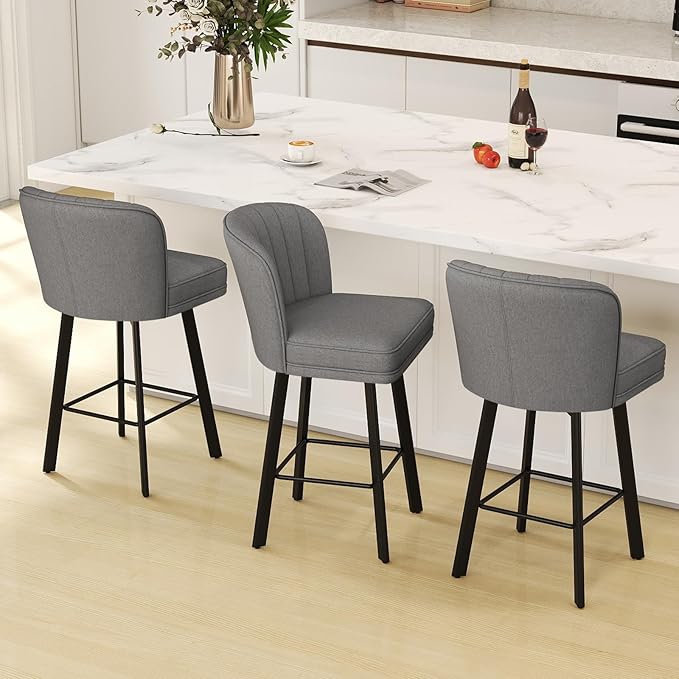 Swivel Counter Height Bar Stools Set of 4, 26'' Modern Barstools with Backs and Metal Legs, Upholstered Bar Chairs,Mid-Gray,Fabric Stools for Kitchen Island Chairs
