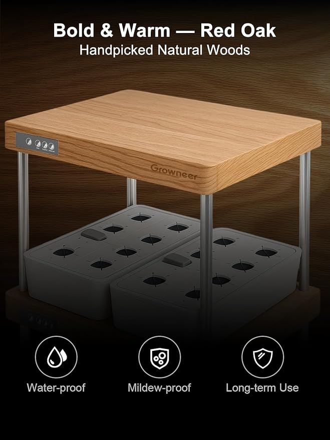 GROWNEER HydroEasy1.0 Hydroponic Growing System, 2-Tier Indoor Garden with Full-Spectrum LED Grow Lights, 32 Pods, Solid Wood Design, Independent Water Circulation, Ideal for Vegetable, Herb, Red Oak