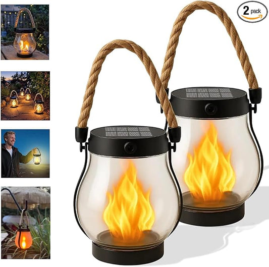 Kaliqo Solar Lanterns Outdoor Lights, Hemp Rope Flame Lights, Dancing Flame Solar Lights,It is Suitable for Outdoor Camping, Home Garden Decoration, Etc. (2pcs)