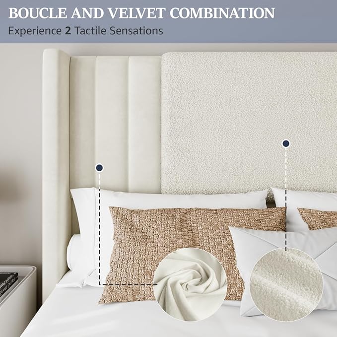 Queen Size Bed Frame with Tall Headboard and Footboard, Boucle and Velvet Upholstered Bed Frame Queen with LED Lights, Modern Platform Bed Frames, Noiseless, Easy Assembly, White