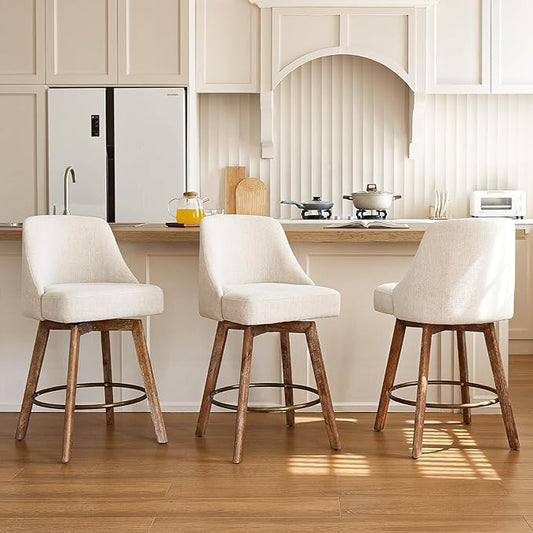 IWOOD Mid Century Modern Counter Height Bar Stools Set of 3,360° Swivel Barstools with Solid Wood Legs,26'' Island Chairs with Wrap-Around Backrest,Beige Linen Comfort Fabric