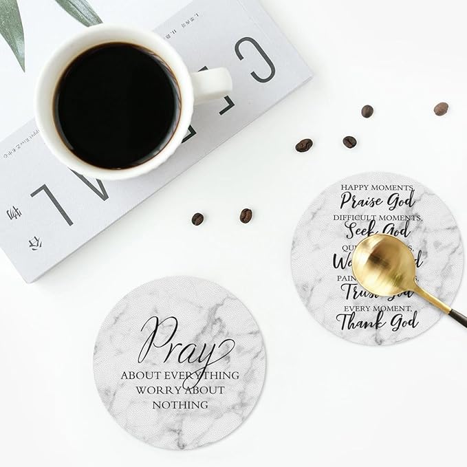 Marble Grey Christian Bible Verses Coasters Set of 6 Coasters for Drinks Absorbent Double-Sided Leather PVC Coaster for Tabletop Protection Coffee Table Decor Ideal for Home Decor House Warming Gifts