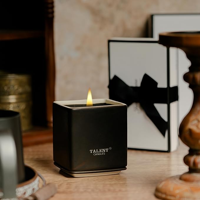 Candles for Home Scented, Modern Rustic Ceramic Candle Jar, Soy Candles Non Toxic in Elegant Ceramic Jar, Dark Leather & Oud