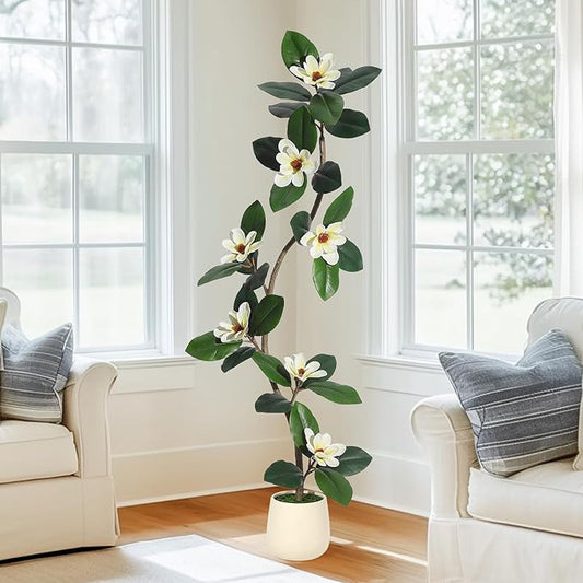 5FT Tall Artificial Rubber Tree with White Planter, Large Fake Magnolia Tree with Flowers & Green Leaves, Big Faux Floor Plant for Indoor Living Room Office Home Decor