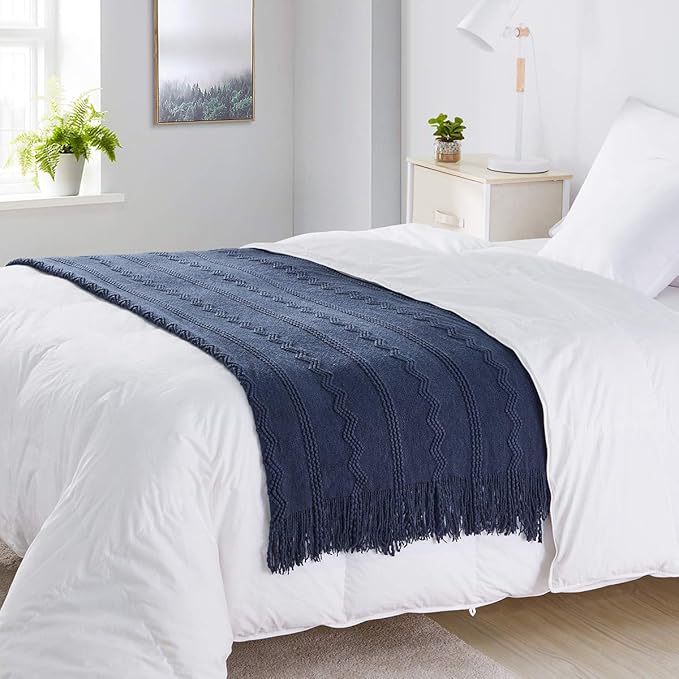 BOURINA Navy Throw Blanket 50 x90 Inches Throw Textured Solid Soft Sofa Throw Bed Runner Couch Cover Knitted Decorative Blanket Bed Runner