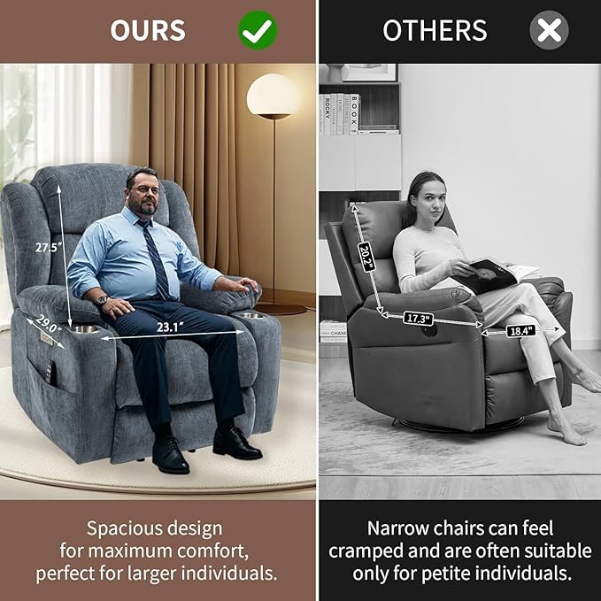 Power Lift Recliner Chair, 350lb Capacity with 8-Point Massage & Heating, USB/Type-C Ports & Cup Holders, Heavy Duty Chenille Recliner for Elderly, Blue Grey