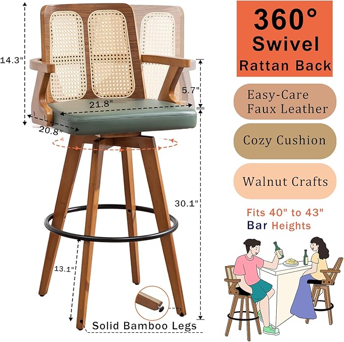 Bar Stools Set of 3 - 30 inch Swivel Rattan bar Stools with Cane Back, Curved Arms, Upholstered Seat, Adjustable Bamboo Legs, Kitchen Bar Stools for Bar/ Pub/Island/Cafe (30" Seat Height, Green)