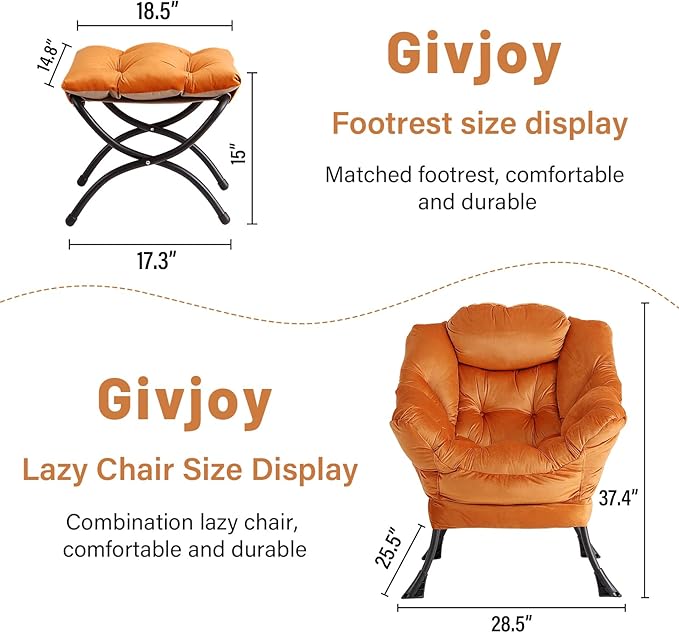 Lazy Chair and Ottoman, Large Accent Lounge Chair with Armrests and a Side Pocket, Modern Leisure Upholstered Sofa Reading Armchair with Footrest for Bedroom, Living Room, Dorm Rooms, Office