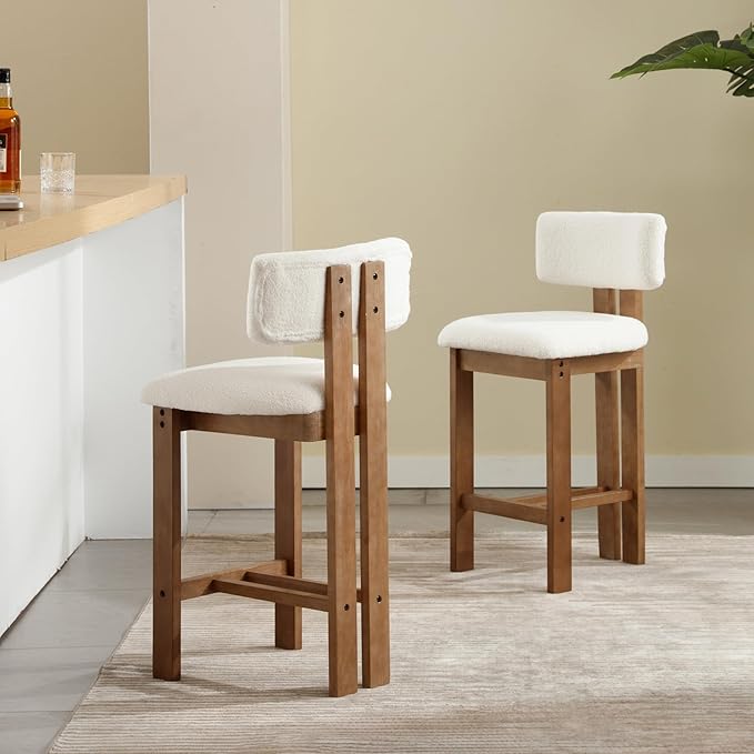 Upholstered Farmhouse Counter Height Bar Stools Set of 4 White Sherpa Barstools with Back/Solid Wood Legs, Modern Bar Chairs for Kitchen Island/Home Bar/Pub, 26 Inch